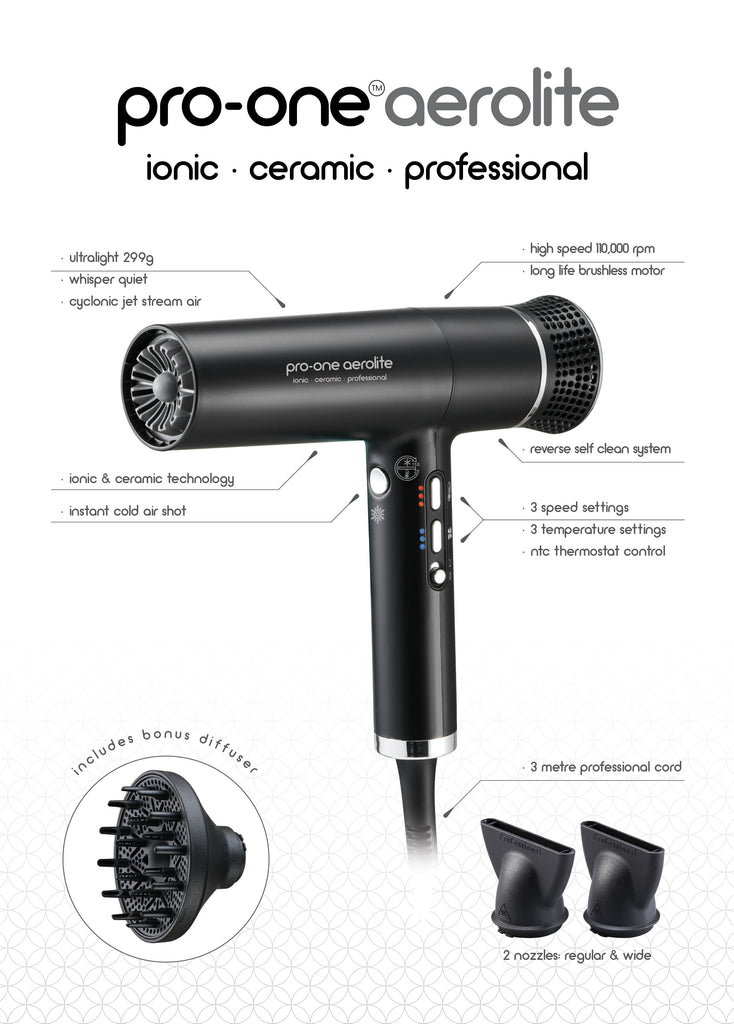 Pro-One Aerolite Hairdryer – Black with BONUS Pro-One Airstyler