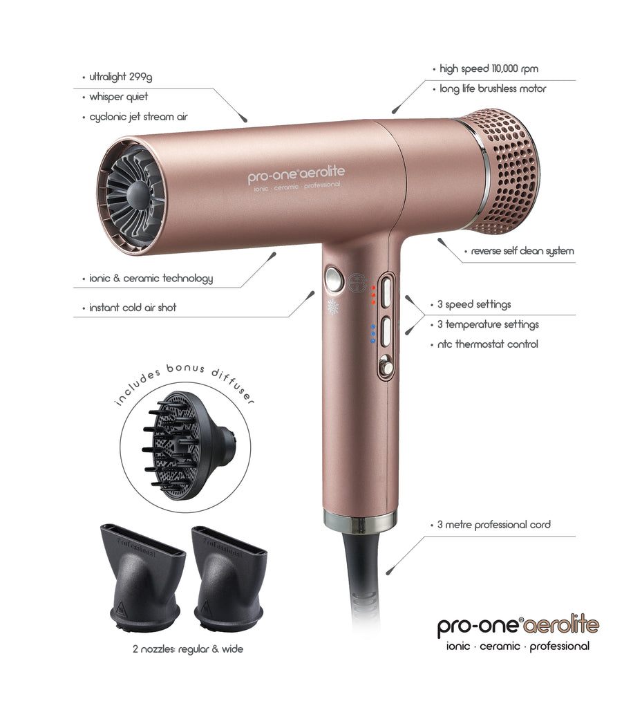 Pro-One Aerolite Hairdryer – Gold with BONUS Pro-One Airstyler