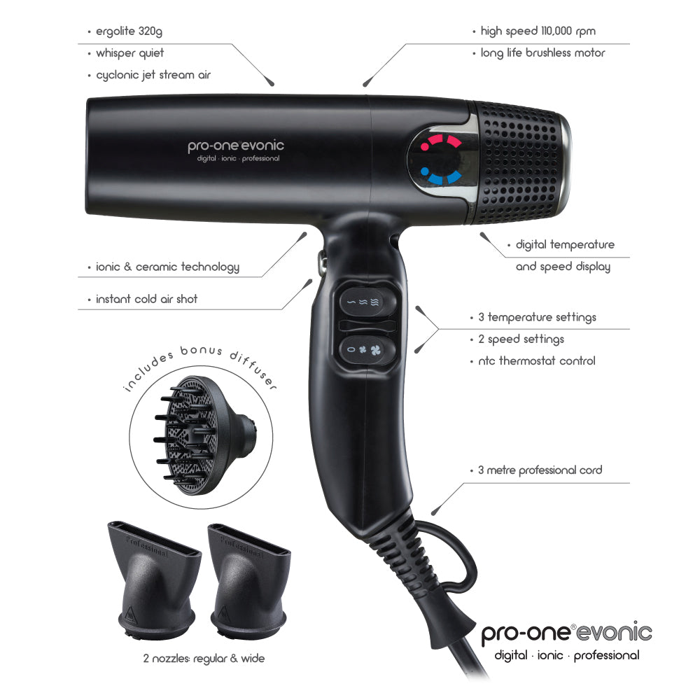 Pro-One EVONIC Hairdryer – Black with BONUS Cristalli Miracle Repair Ultra-Soft Treatment
