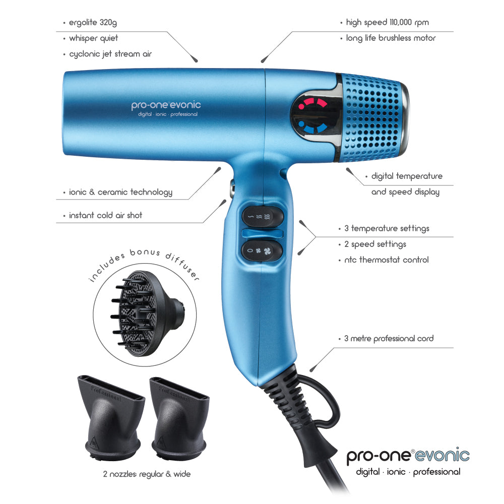 Pro-One EVONIC Hairdryer – Blue with BONUS Cristalli Miracle Repair Ultra-Soft Treatment