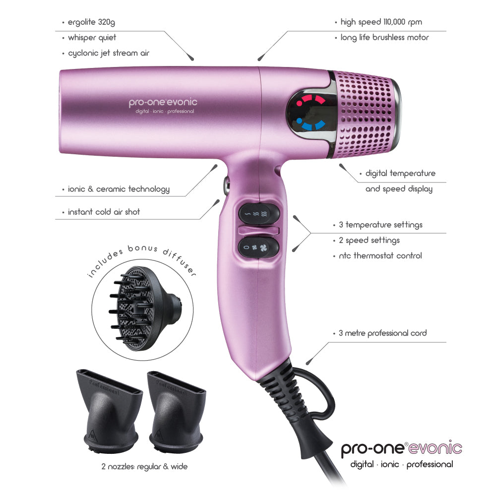 Pro-One EVONIC Hairdryer - PINK with BONUS Cristalli Miracle Repair Ultra-Soft Treatment