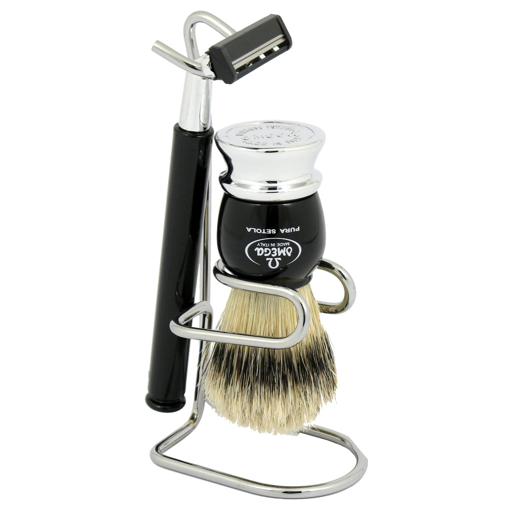 Omega Shaving Brush with Stand and Razor  100% Pure Boar Bristle #1648W