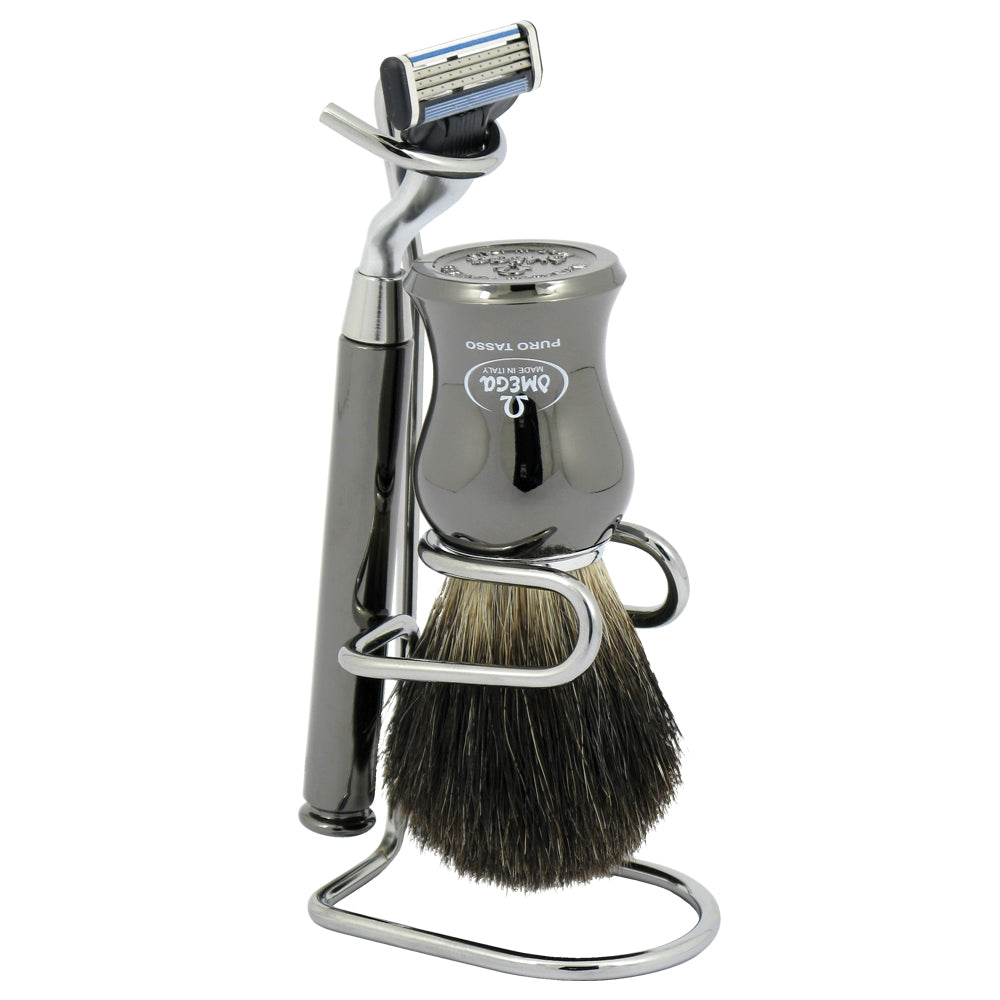 Omega Shaving Brush with Stand and Razor 100% Superior Badger Bristles #6276W