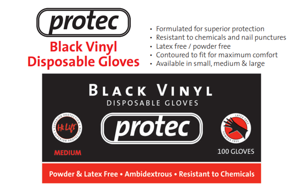 Protec Black Vinyl Disposable Gloves (100 pcs) Large