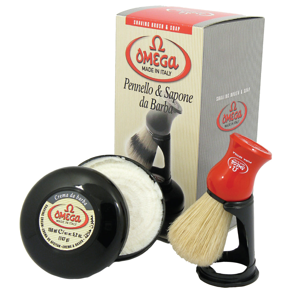 Omega Shaving Brush with Stand and Soap  100% Pure Boar Bristle #46065