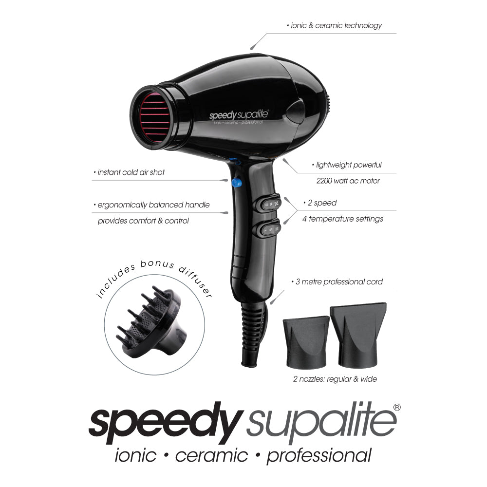 Speedy Supalite Ionic & Ceramic Professional Hairdryer with Diffuser - Black