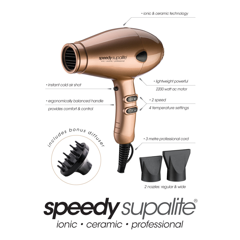 Speedy Supalite Ionic & Ceramic Professional Hairdryer with Diffuser - Gold