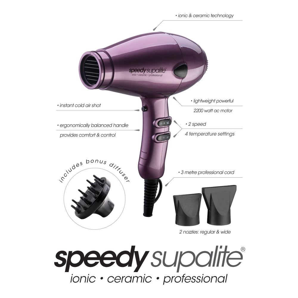 Speedy Supalite Ionic & Ceramic Professional Hairdryer with Diffuser - Purple